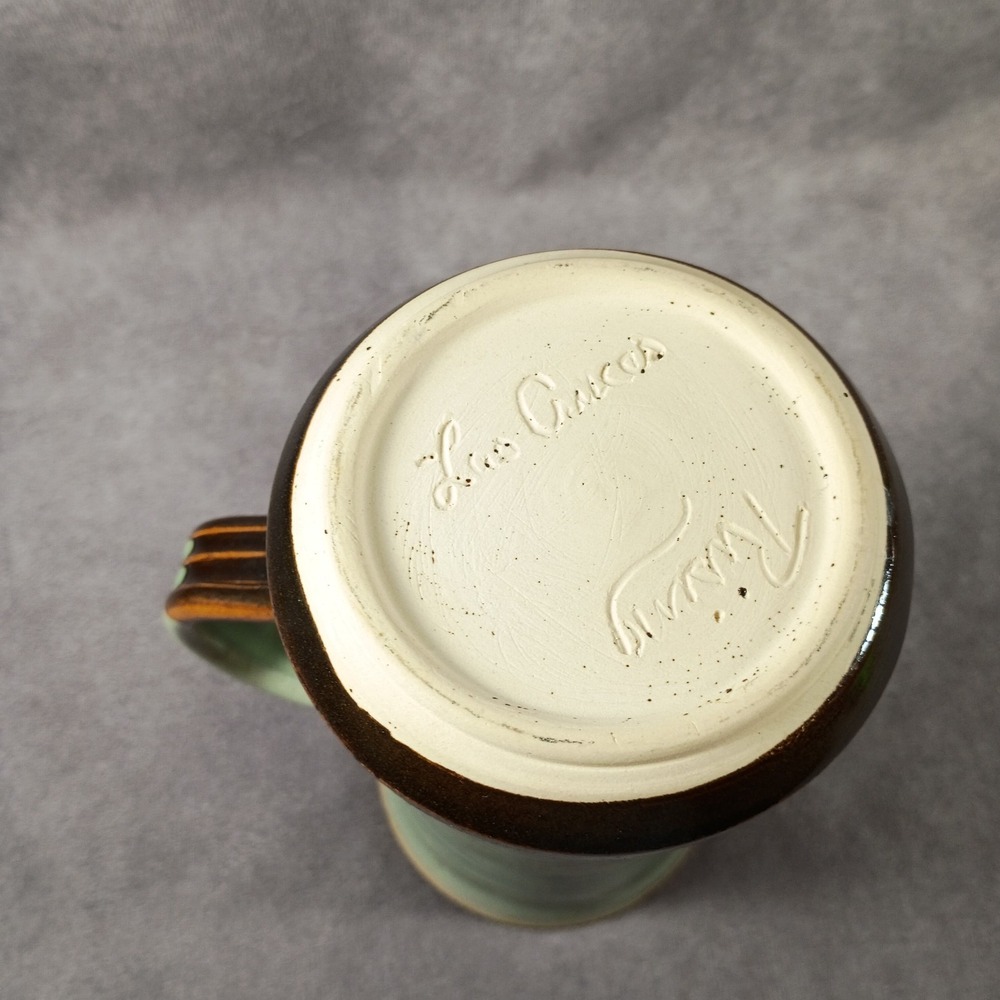 Hand Thrown Studio Art Pottery Mug Celedon & Brown Glazed 16oz Signed 6" Tall - Picture 5 of 9